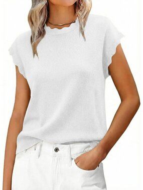 Women's White Summer Cap Sleeve Lightweight Knit Sweater Soft Scallop Top
